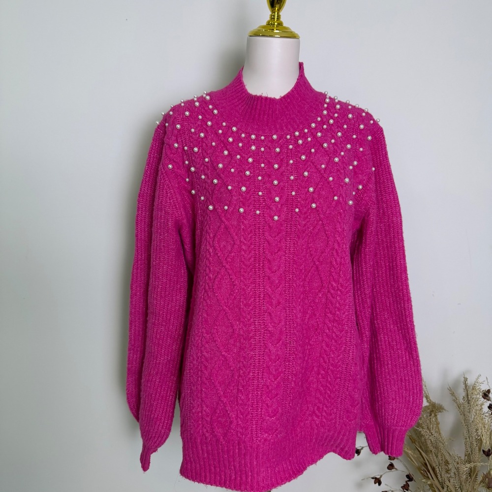 Flying Tomato Hot Pink Pearl Embellished Cable Knit Sweater Large Mock Neck